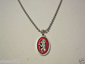 Oxidized Silver Plated and RED Enamel Saint Christopher Necklace 