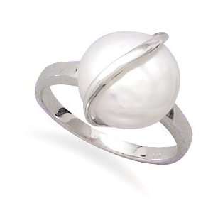    14K White Gold Swirled Fine Coin White Pearl Ring, 6 Jewelry