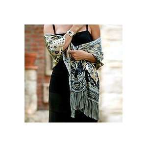  NOVICA Silk batik shawl, Golden Blue Garden