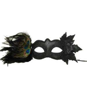  Black Half Mask With Peacock Feathers And Leaves