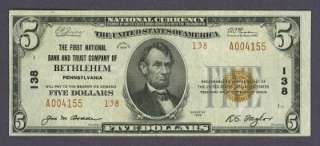   1929 Bethlehem, Pennsylvania   BEAUTIFUL  National Bank Note  