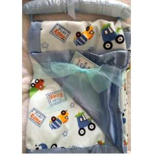    Reversible Satin Blue CONSTRUCTION TRUCKS Print Baby Blanket Baby