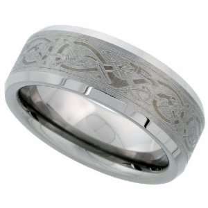 Tungsten Carbide 8 mm (5/16) Comfort Fit Flat Band, w/ Celtic Dragon 