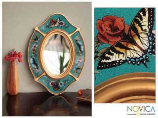 AQUA BUTTERFLY Oval GILDED Glass HAND PAINTED MIRROR  