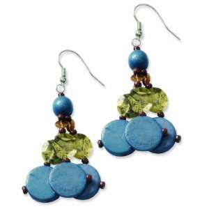    Blue Wood, Acrylic Beads & Sequins Dangle Earrings Jewelry
