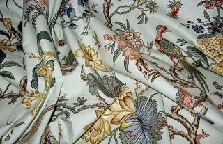 10+yds Greeff Aqua Birds Flowers Cotton Drapery Fabric  