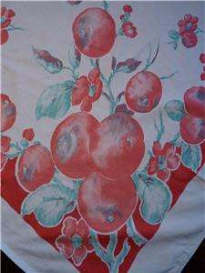 Vintage 1950s Red Apple Blossom Cotton Tablecloth 48 X 50  