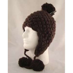   Knit Brown Crochet Ear Flap Pom Trooper Beanie Hat 