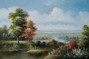 Quality English Nature Landscape Trees lake Creek 24X36 Oil Painting 