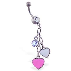  Jeweled navel ring with dangling heart and gem charms 
