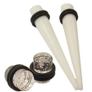  Pair of White Ear Stretching Tapers with Clear Sparkle 
