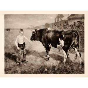  1936 Photolithograph Alfred Roll Child Bull Cow Boy Farm 