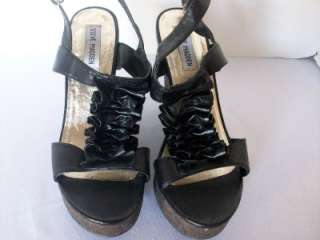   QUANTUMM Shoes Black Leather Ruffle Wedges Heels Pumps Sandals 8.5