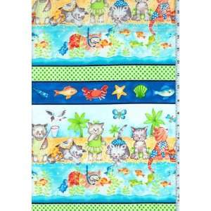   Beach Party Cats Stripe Blue Fabric By The Yard Arts, Crafts & Sewing