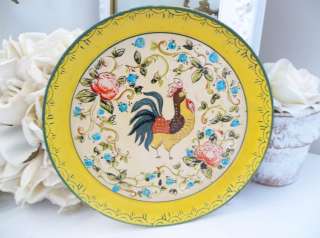   Country Chic Hand Painted Rooster & Roses Yellow Paper Mache Tole Tray