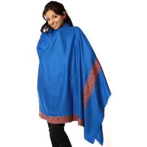   Royal Blue Tusha Shawl with Densely Embroidered Border   Pure Wool