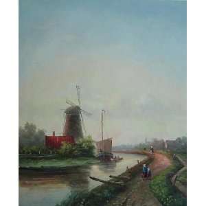  In Holland, Ships Near a Mill Oil Painting 24 x 20 inches 