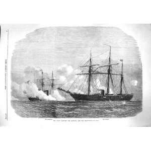  1864 War Ships Fight Alabama Kearsarge Antique Print