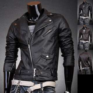 3mu Mens Designer PU Faux Leather Jackets Coats Shirt Motocycle Black 