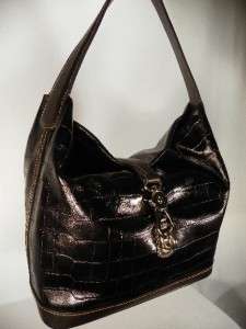   & Bourke Croco Embossed Leather Logo Lock Hobo Handbag~Black  