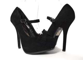 Foxy Platform Bow Mary Jane Heel Pumps Black faux suede  