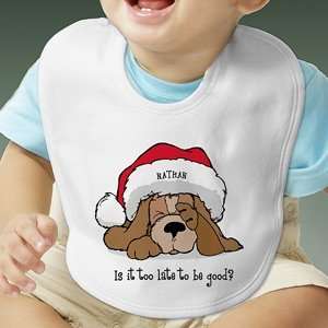   Personalized Puppy Dog Christmas Baby Bib   Too Late To Be Good? Baby