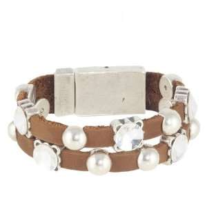    2 Row Brown Leather and Crystal Stud Bracelet by Heet Jewelry