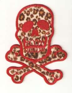    on Embroidered Patch Skull and Cross Bones 6 Red on Fuzzy Leopard