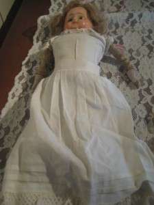 Early Antique Heavy Wax Over Tin Doll White Dress Body Leather  