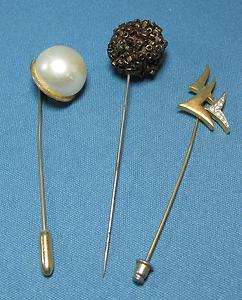 Vintage Three Trifari Rhinestone Marvella Faux Pearl Bead Stick Pin 
