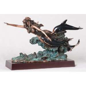  8 inch Copper Mermaid Riding Wave With Twin Dolphins 