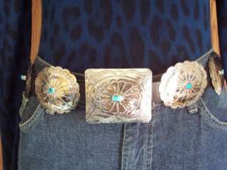 EXCELLENT NEW NAVAJO NICKLE SILVER CONCHO BELT W/ TURQUOISE & SQUARE 