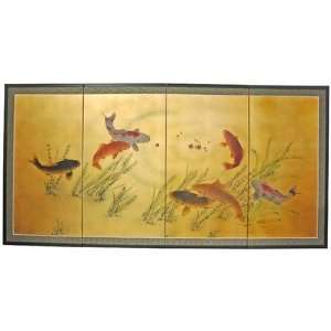  36 Gold Leaf Seven Lucky Fish Silk Screen with Bracket 