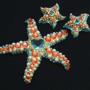   Starfish Set Brooch Pin Earrings Kenneth Jay Lane Vivid Colors  