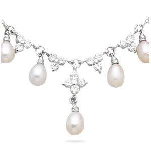  Bridal Pearl and CZ Flower Rhodium Sterling Silver 