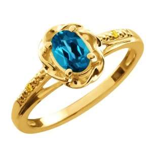   Oval London Blue Topaz Canary Diamond Gold Plated Sterling Silver Ring