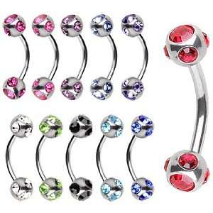  Surgical Steel Eyebrow Ring with Two Aqua Cubic Multi Gemmed Balls 