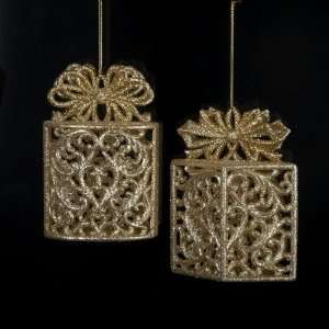 Club Pack of 24 Glittered Gold Gift Box Christmas Ornaments 4.25 4.5
