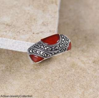 CARNELIAN MARCASITE & 925 Silver BAND RING Size ~9.25  