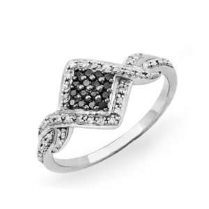  Silver Round Diamond Black and White Twisted Square Fashion Ring 