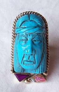 BOLD~HAND CARVED~TURQUOISE~STERLING~INDIAN MEDICINE MAN~RING~BY 