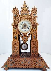   French fretworked cathedral 8 day bell portico mantel clock  