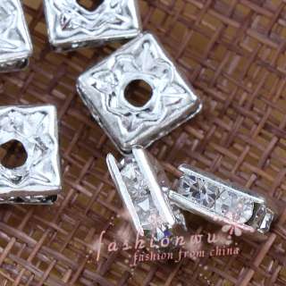 100X Silver Plated Clear Rhinestone Square Beads Spacer  