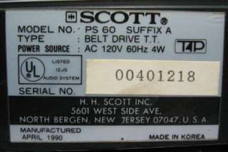 Scott PS60 Belt Drive Auto Return Turntable PS 60  