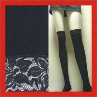 New Womens Solid Black w/ Lace Over The Knee Sock d025  