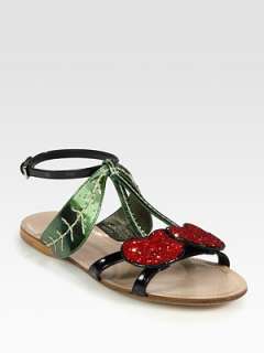 Miu Miu   Glitter Cherry Metallic Leather and Patent Leather Sandals 