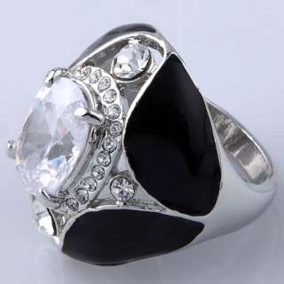 silver plated faceted white oval crystal black glaze finger ring fine 