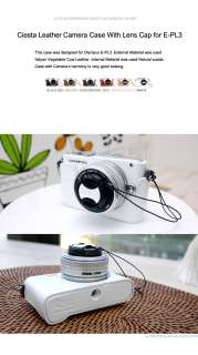   White Leather Camera Case & Lens Cap For Olympus E PL3 EPL3  