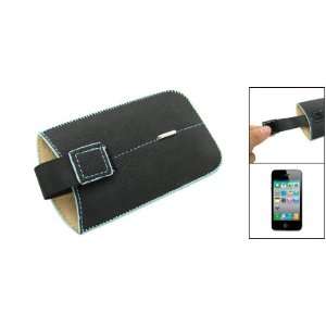  Black w Blue Line Decor Pull Tab Faux Leather Pouch for iPhone 4 4G