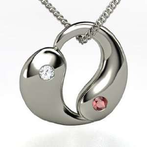 Yin Yang Heart, Sterling Silver Necklace with White Sapphire & Red 